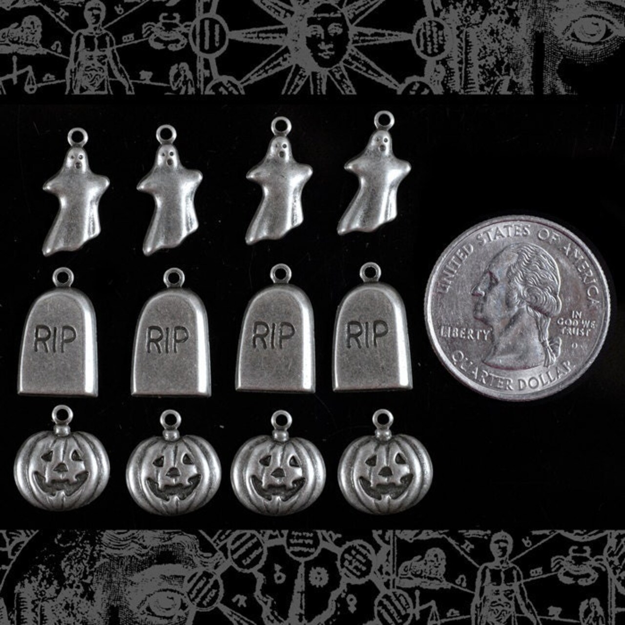 Antiqued Silver Plated Brass Halloween Charms Four Ghost Four Pumpkin and Four Gravestone Charms - Set of Twelve - S-CSet02